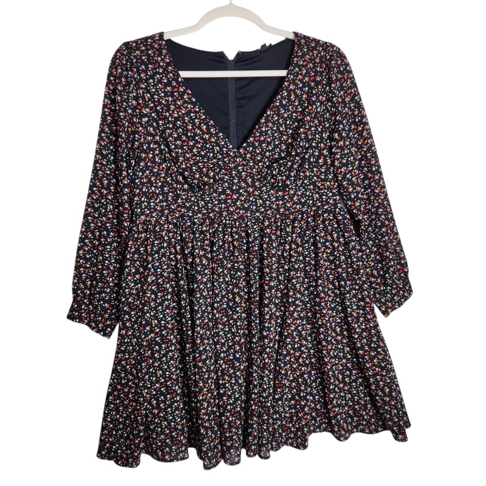 Torrid Womens Size 16 Black Floral V-Neck Babydoll Long Sleeve Mini Dress